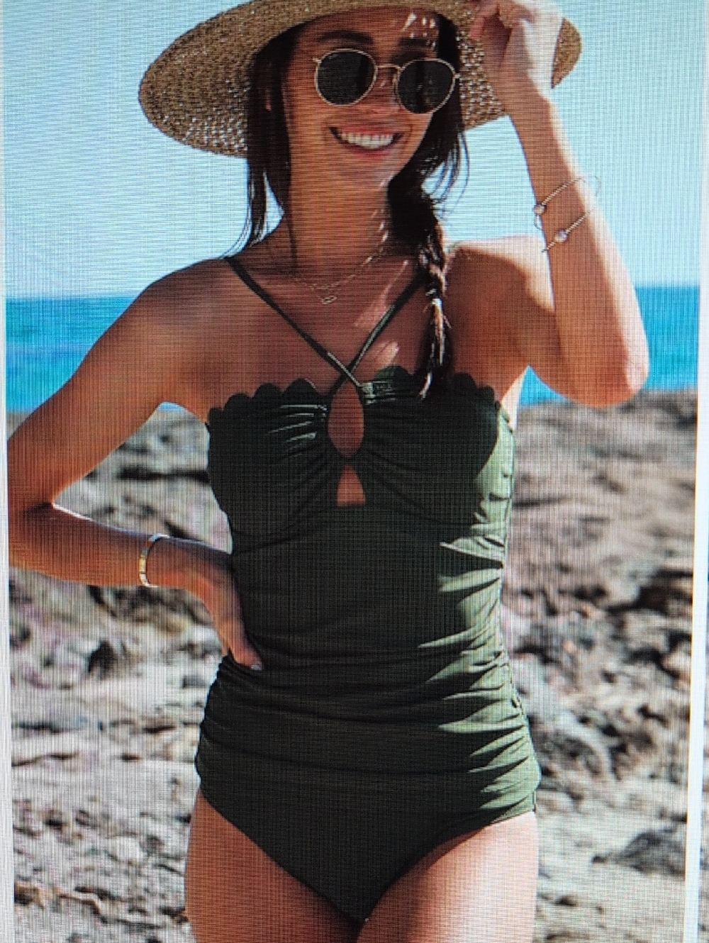 Women’s Dark olive Scalloped Ruched Tankini Swim Set -S